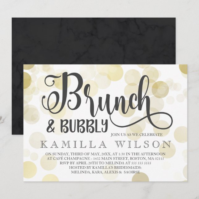 Gold & Grau Brunch & Bubbles Brautparty Einladung (Vorne/Hinten)