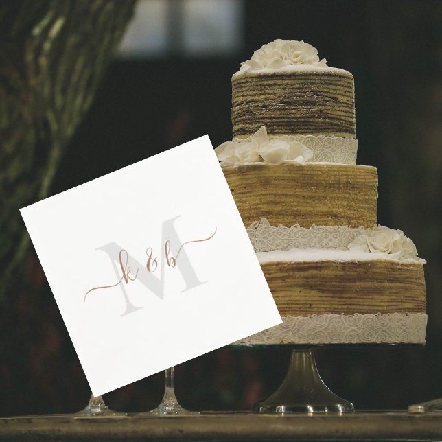 Gold & Grau Monogram Swash Script White Cocktail Serviette (Von Creator hochgeladen)