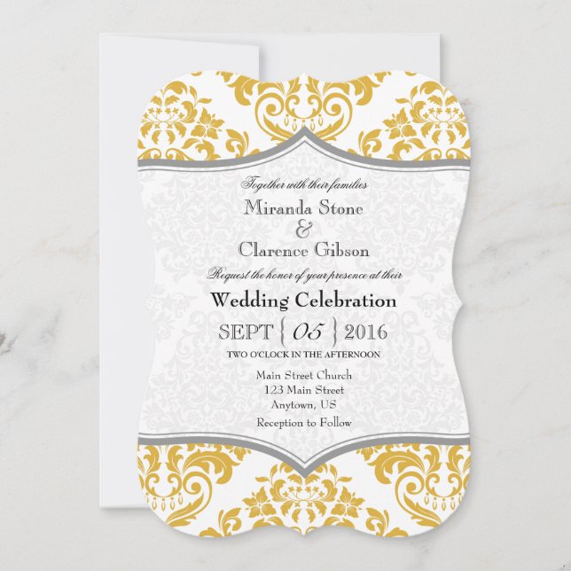 Gold Gray Damask Bracket Wedite Invite Einladung (Vorderseite)