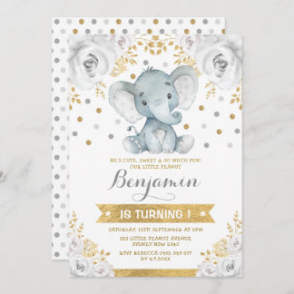 Gold Gray Jungle Elephant 1. Geburtstag Party Einladung