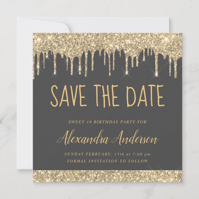 Gold Gray Moderner Glitzer Sweet 16 Save the Date Einladung (Vorderseite)