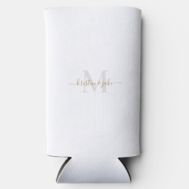 Gold & Gray Monogram & Script-Namen Hochzeit Selters Dosenkühler (Vorderseite)