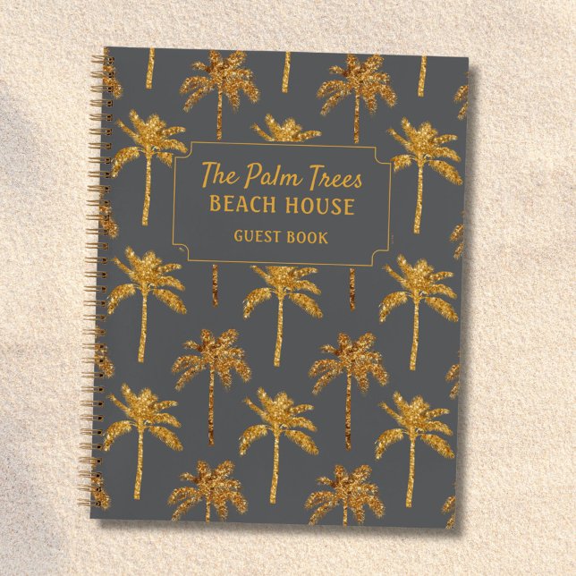 Gold Gray Palm Trees Beach House Gäestbook Notizbuch (In situ)