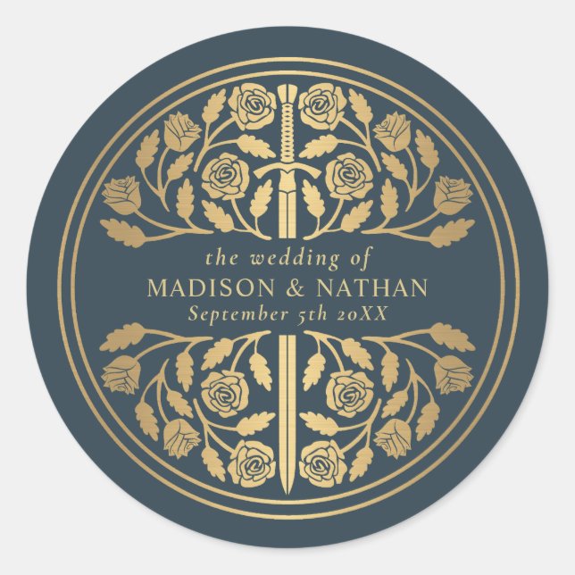 Gold Gray Royal Medieval Sword Wedding  Runder Aufkleber (Vorderseite)