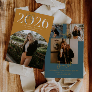 Gold Green 2026 Coquette Bow Photo Graduation Einladung