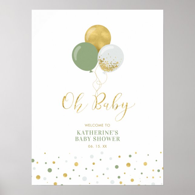Gold & Green Balloons | Baby-Dusche Willkommen Poster (Vorne)