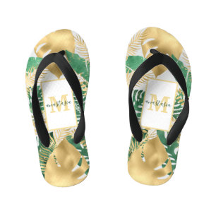 Gold Green Big Tropical Blätter Pair Flip Flops