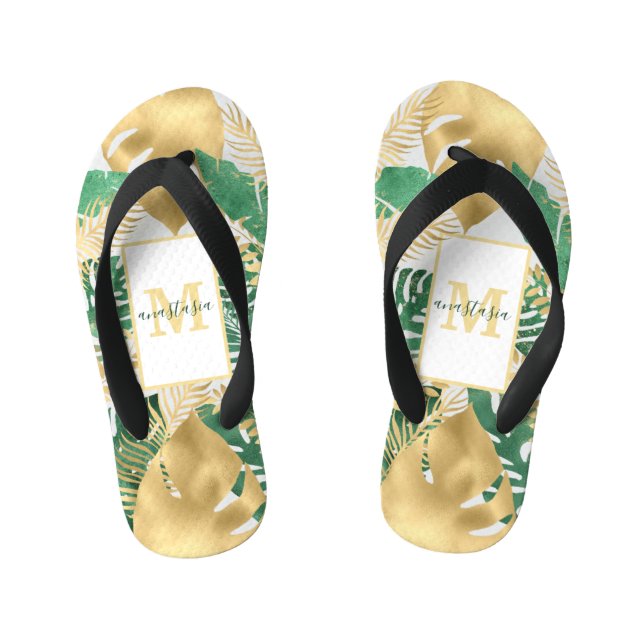 Gold Green Big Tropical Blätter Pair Flip Flops (Fußbett)