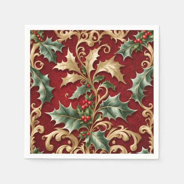 Gold Green Blätter Red Christmas Holiday Napkin Serviette (Vorderseite)