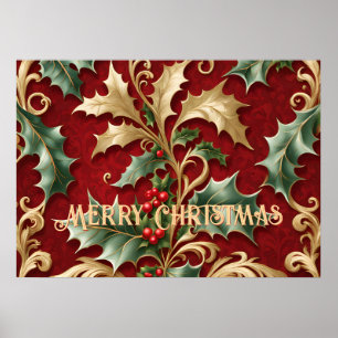 Gold Green Blätter Red Christmas Holiday Poster