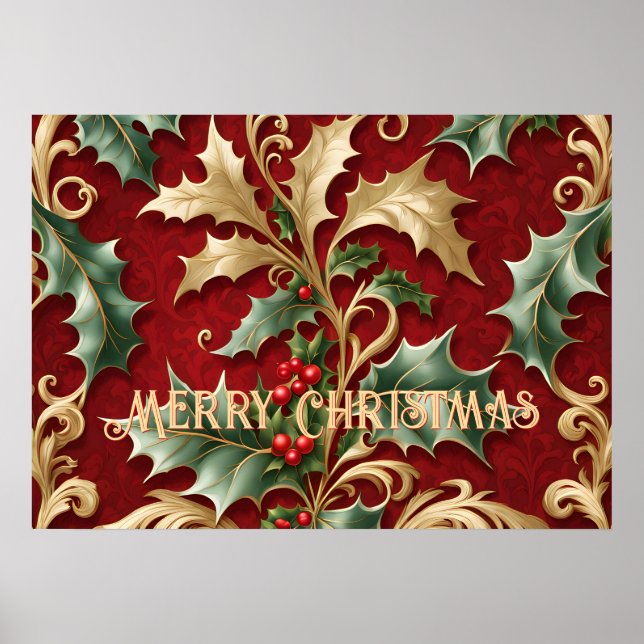 Gold Green Blätter Red Christmas Holiday Poster (Vorne)