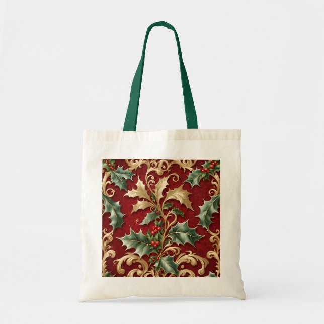 Gold Green Blätter Red Holiday Tote Bag Tragetasche (Vorne)