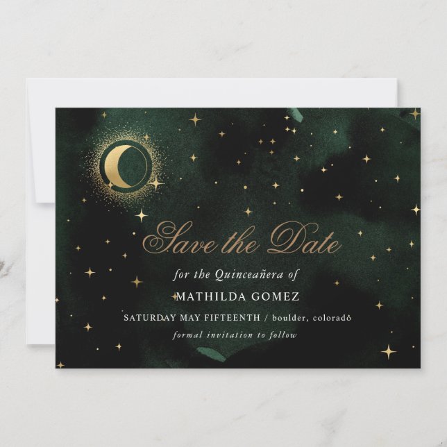 Gold Green Celestial Quinceañera Save the Date Einladung (Vorderseite)
