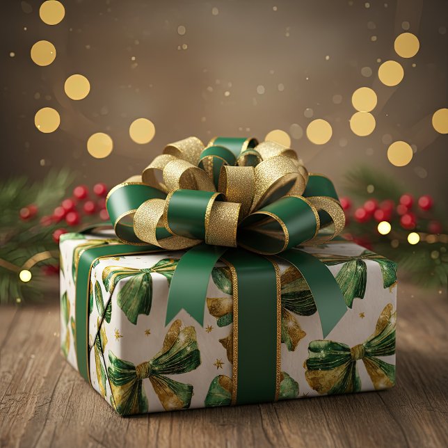 Gold Green Christmas Boys Vintag Geschenkpapier (Gold and green Christmas bows pattern for holiday gift wrapping paper)