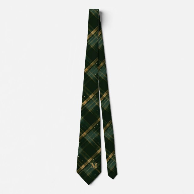 Gold Green Christmas Kariert Monogram Neck Tie Krawatte (Vorderseite)