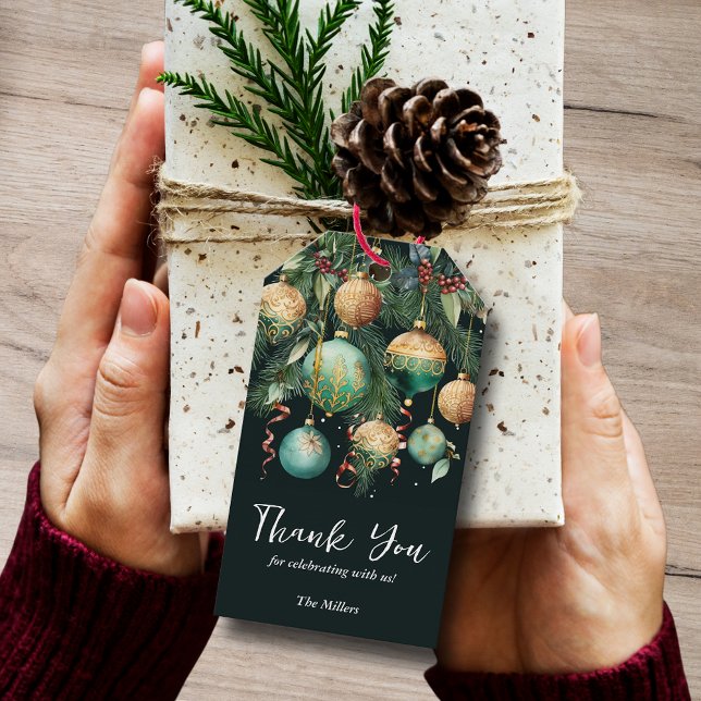 Gold Green Christmas Tree Ornaments Favor Geschenkanhänger (Gold and green Christmas tree ornaments holiday thank you favor gift tags)