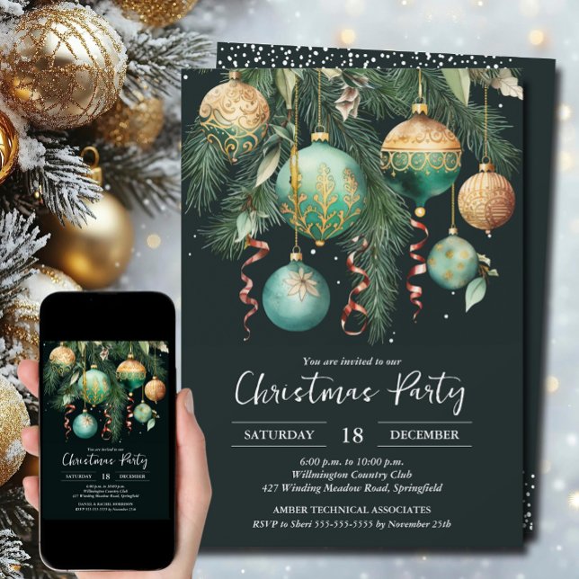 Gold Green Christmas Tree Ornaments Party Einladung (Gold and green Christmas tree ornaments party invitations, PRINTED and/or INSTANT DOWNLOAD)