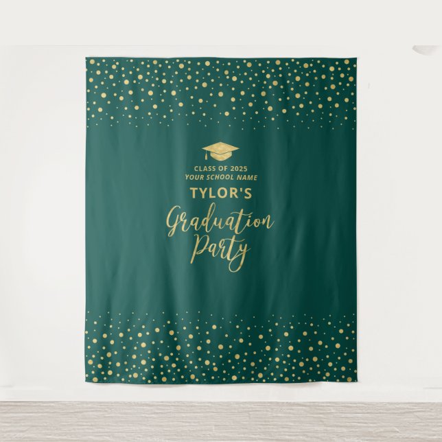 Gold & Green Confetti | Hintergrund der Absolvente Wandteppich (Vorderseite)