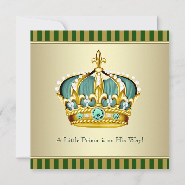 Gold Green Crown Prince Baby Boy Dusche Einladung (Vorderseite)