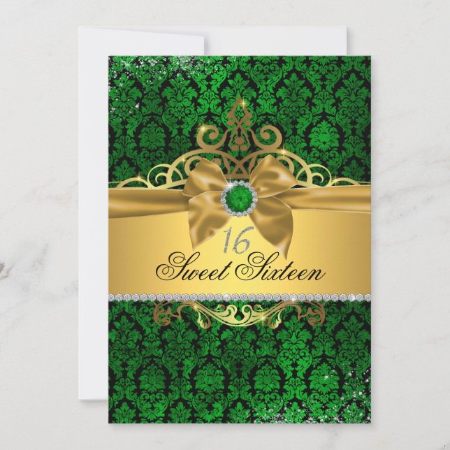 Gold Green Damask 16 . Geburtstag Einladung (Vorderseite)