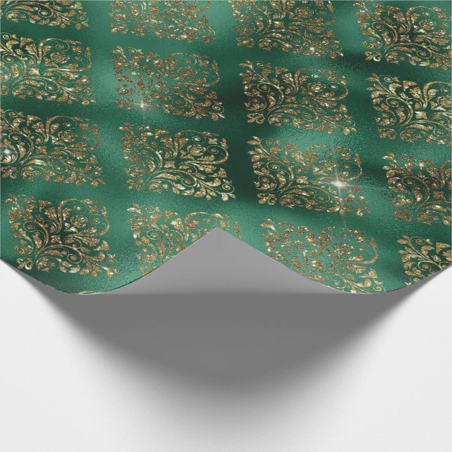 Gold Green Damask Elegantes Chic Weihnachten Geschenkpapier (Ecke)