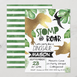 Gold Green Dinosaurier Einladung zum Geburtstag