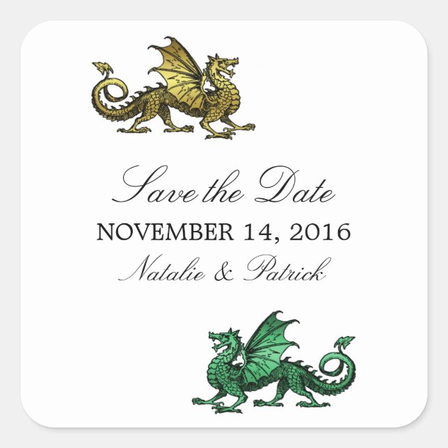 Gold Green Dragon Save the Date Stickers (Vorderseite)