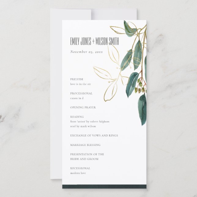 GOLD GREEN EUCALYPTUS FOLIAGE WEDING PROGRAMM CARD (Vorderseite)