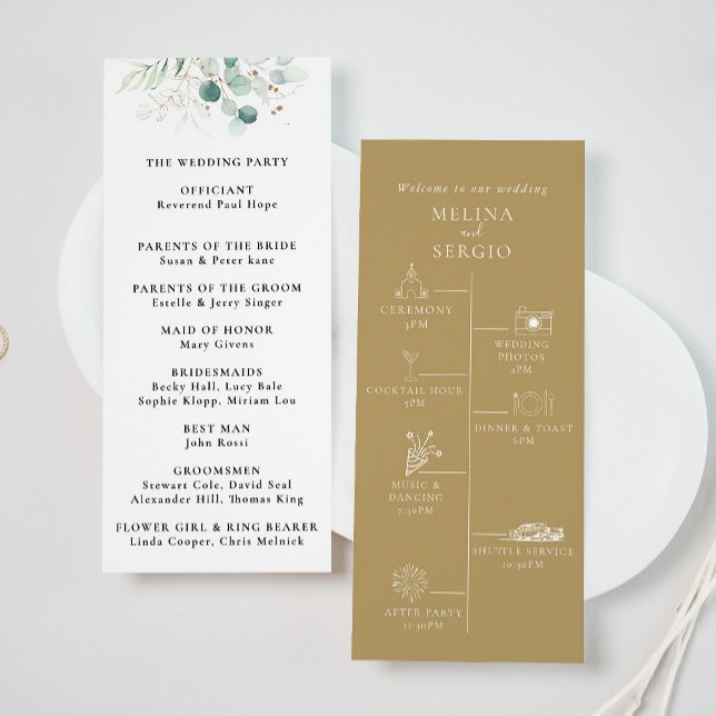 Gold Green Eucalyptus Timeline Wedding Program Programm (Von Creator hochgeladen)