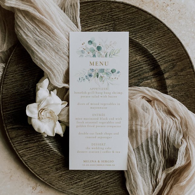 Gold Green Eucalyptus Wedding Menu Menükarte (Von Creator hochgeladen)