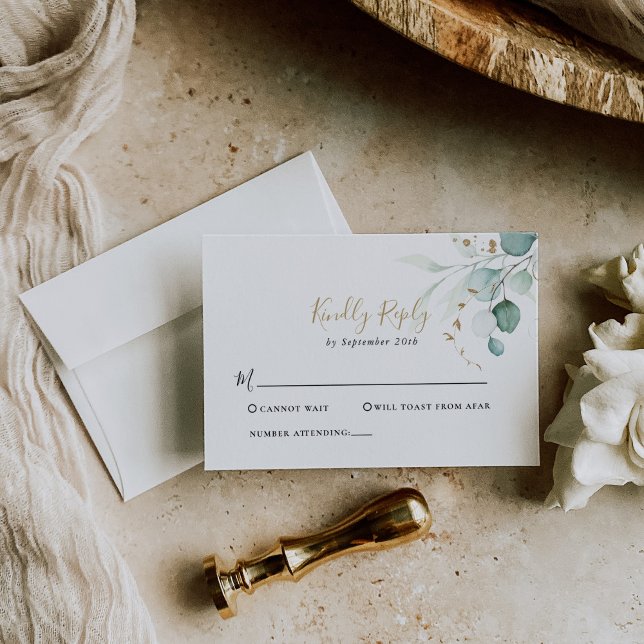 Gold Green Eucalyptus Wedding RSVP Card (Von Creator hochgeladen)
