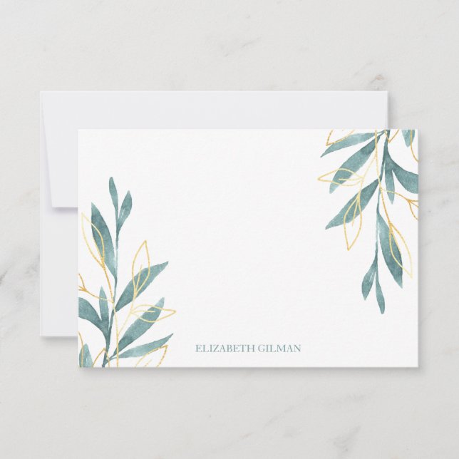 Gold Green Floral Personalisiert Stationery Dankeskarte (Vorderseite)