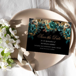 Gold Green Floral Quinceañera Save the Date Einladung
