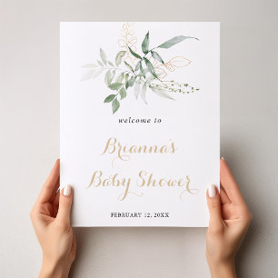 Gold Green Foliage Baby Dusche Begrüßung Poster