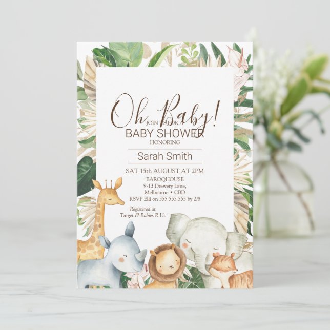 Gold Green Foliage Boho Safari Baby Dusche Einladung (Stehend Vorderseite)