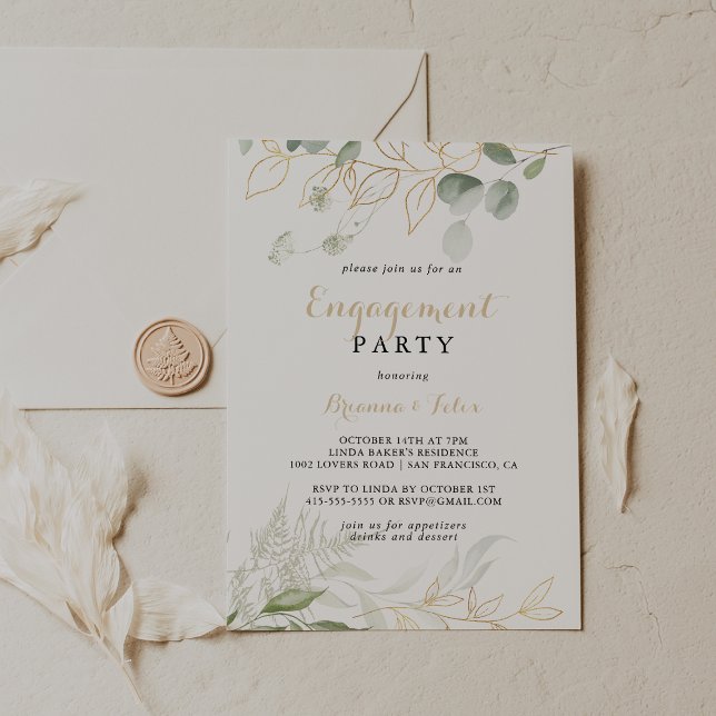 Gold Green Foliage Calligraphy Engagement Party Einladung (Von Creator hochgeladen)