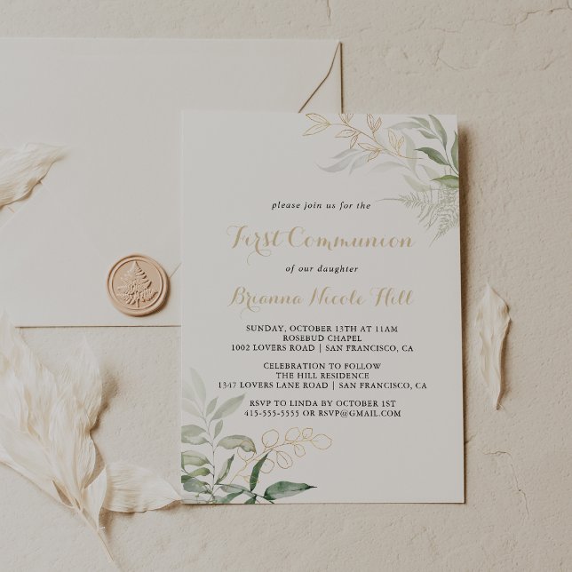 Gold Green Foliage Calligraphy First Communation Einladung (Von Creator hochgeladen)
