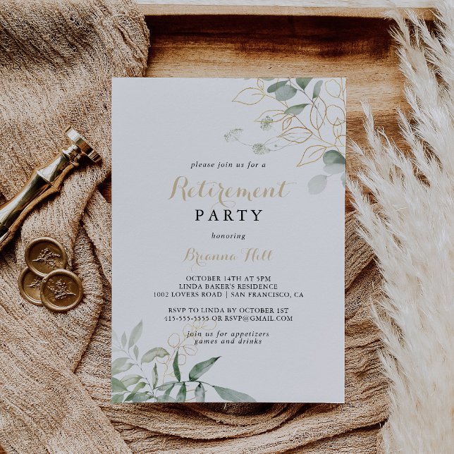 Gold Green Foliage Calligraphy Retirement Party Einladung (Von Creator hochgeladen)