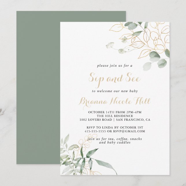 Gold Green Foliage Calligraphy Sip und Siehe Einladung (Vorne/Hinten)