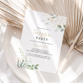 Gold Green Foliage Calligraphy Überraschung Party Einladung