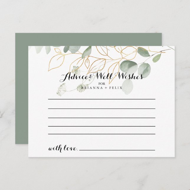 Gold Green Foliage Calligraphy Wedding Advice Card Postkarte (Vorne/Hinten)