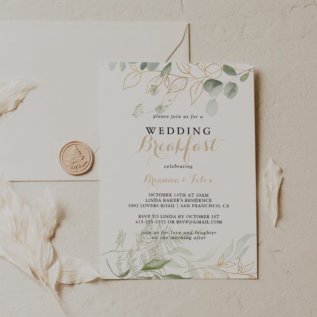 Gold Green Foliage Calligraphy Wedding Breakfast Einladung (Von Creator hochgeladen)