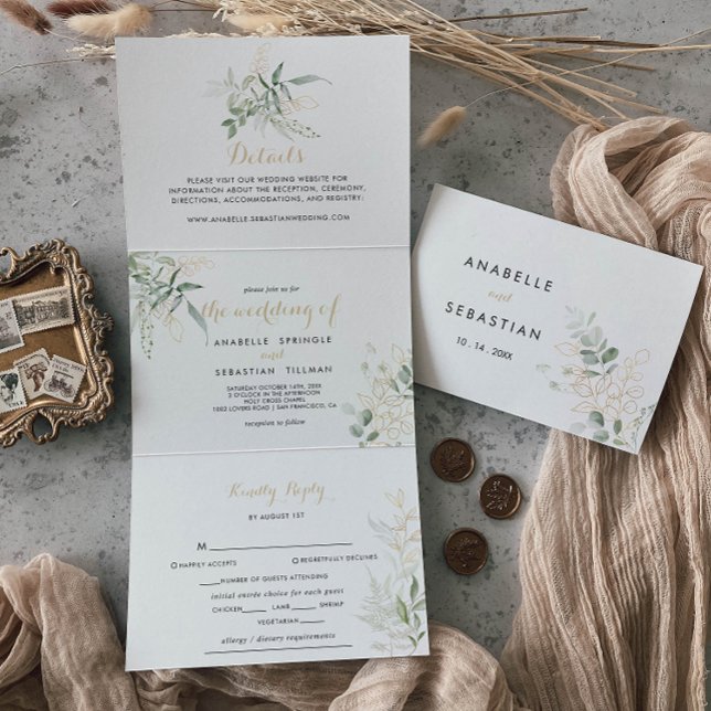 Gold Green Foliage Dreifach Hochzeitseinladung Dreifach Gefaltete Einladung (Von Creator hochgeladen)