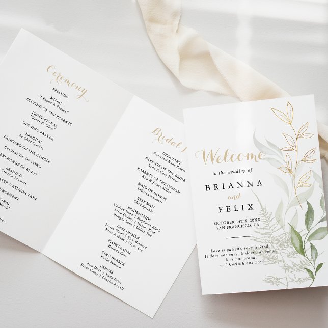 Gold Green Foliage Folded Wedding Program Programm (Von Creator hochgeladen)