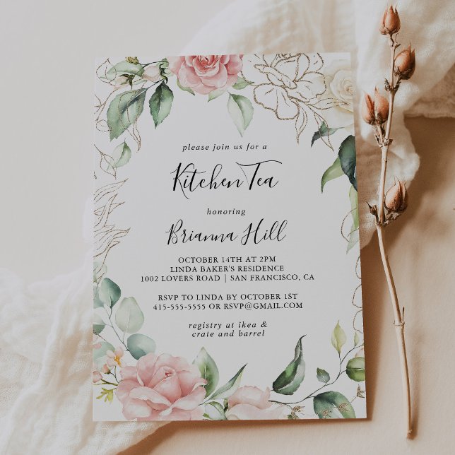 Gold Green Foliage Kitchen Tee Brautparty Einladung (Von Creator hochgeladen)
