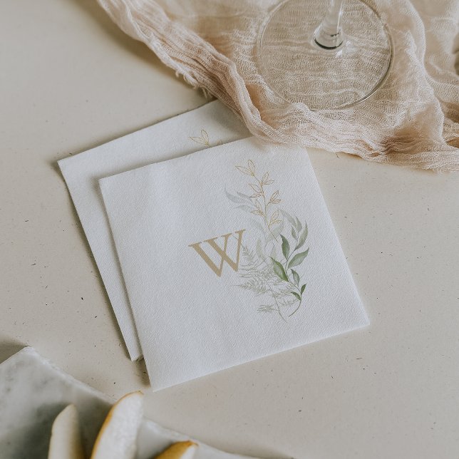 Gold Green Foliage Monogram Wedding Napkin Serviette (Von Creator hochgeladen)