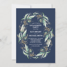 Gold Green Foliage Navy Blue Engagement Party Einladung