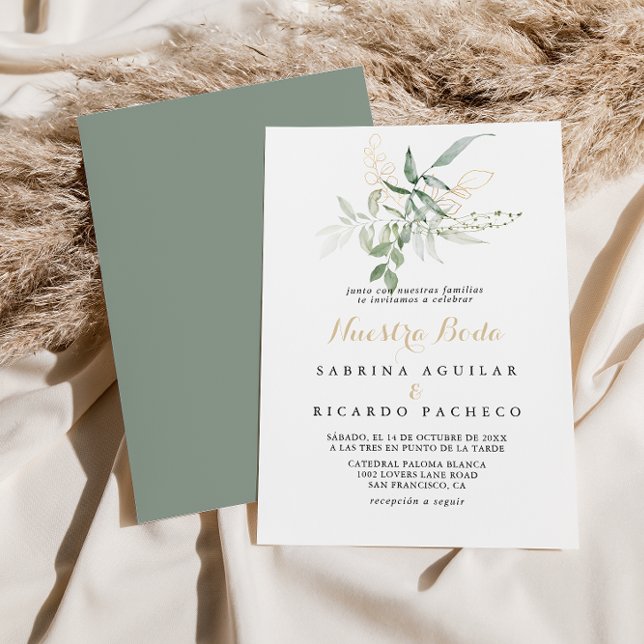 Gold Green Foliage Nuestra Boda Wedding Einladung (Von Creator hochgeladen)