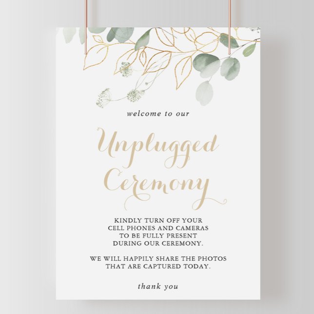 Gold Green Foliage Unplugged Zeremony Sign Poster (Von Creator hochgeladen)