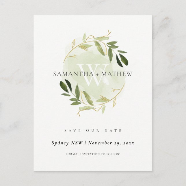 GOLD GREEN FOLIAGE WATERCOLOR SCHREIBEN SAVE THE D ANKÜNDIGUNGSPOSTKARTE (Vorderseite)